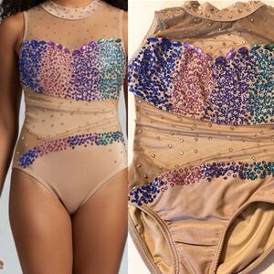 AA dance design costume solo tan beige nude custom rhinestone rainbow ombre S